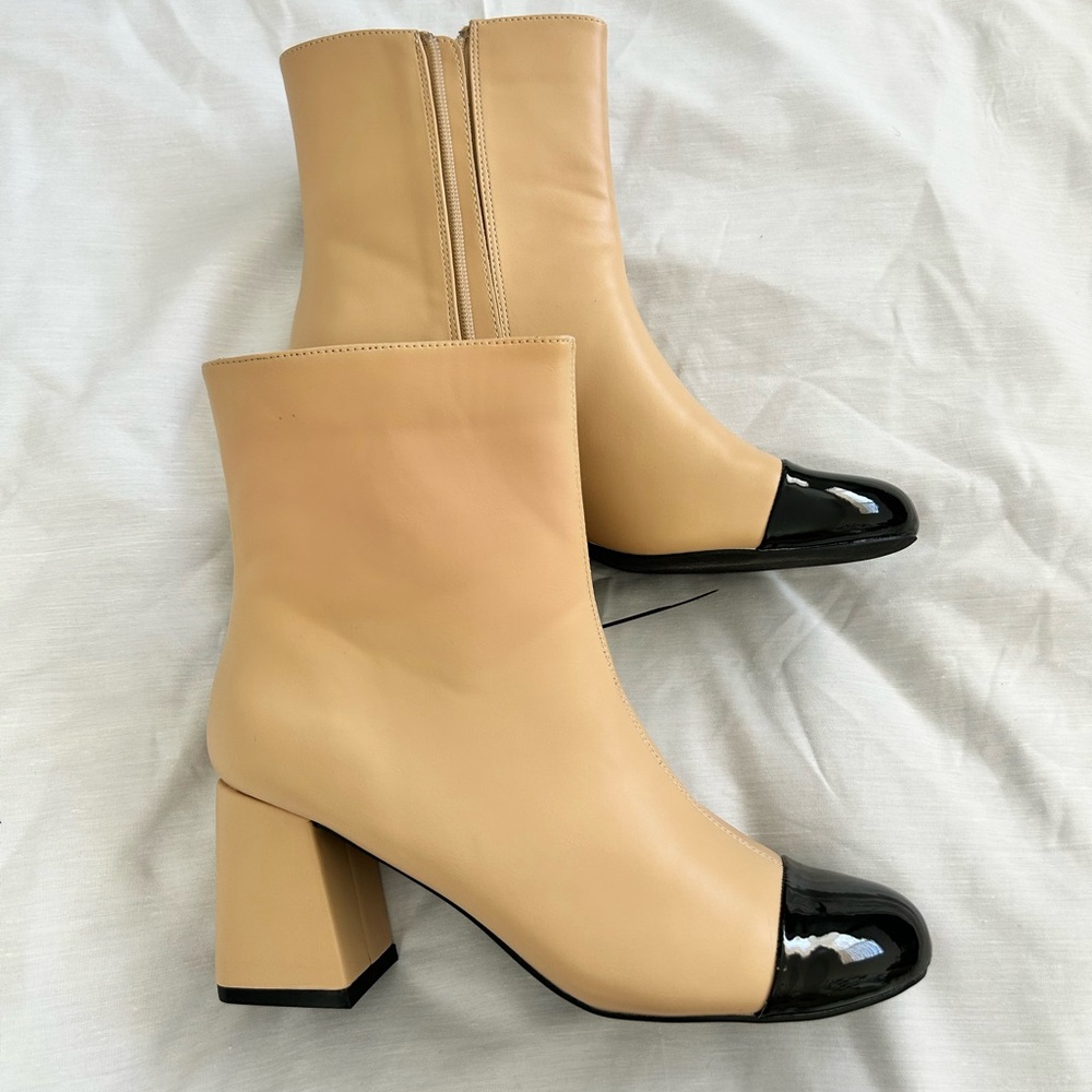 Tan and Black Heeled Boots with Block Heel